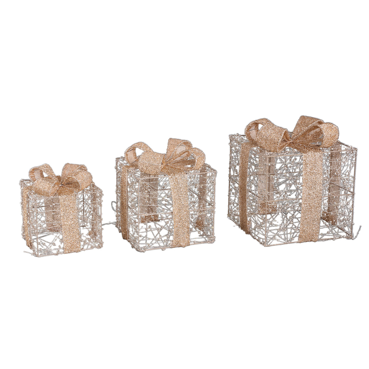 LED-Geschenkboxen – Goldfarben, Perlendekor, 3er-Set - Misk | PTMD