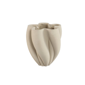 Vase – Beige Farbe, Wellen Rillen Design, Zement Material, S – Hastin | PTMD