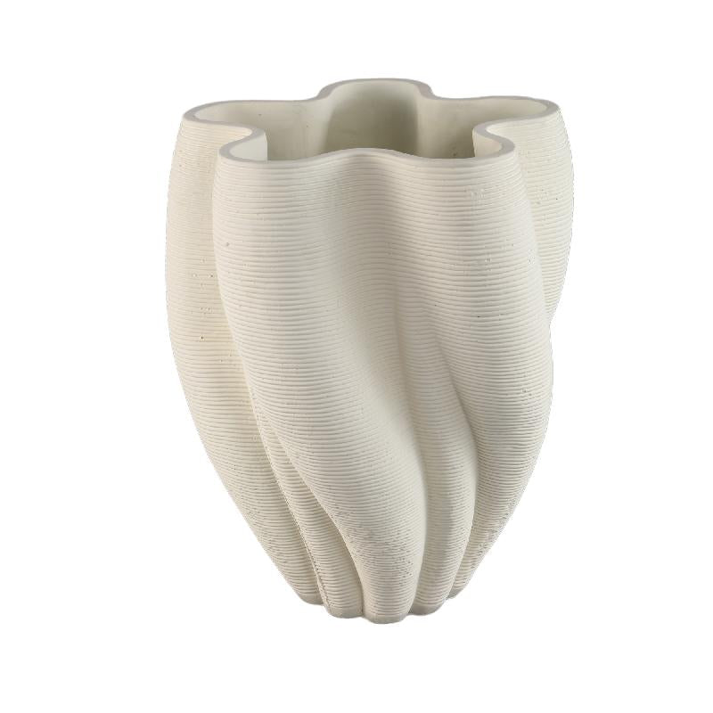 Vase – Weiße Farbe, Wellen Rillen Design, Zement Material, L – Hastin | PTMD