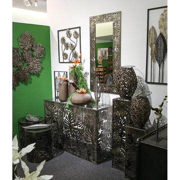 Säule – Blattmotiv Design, Antikfinish Oberfläche, Verspiegelte Details, 100cm Höhe - Flora | Gilde