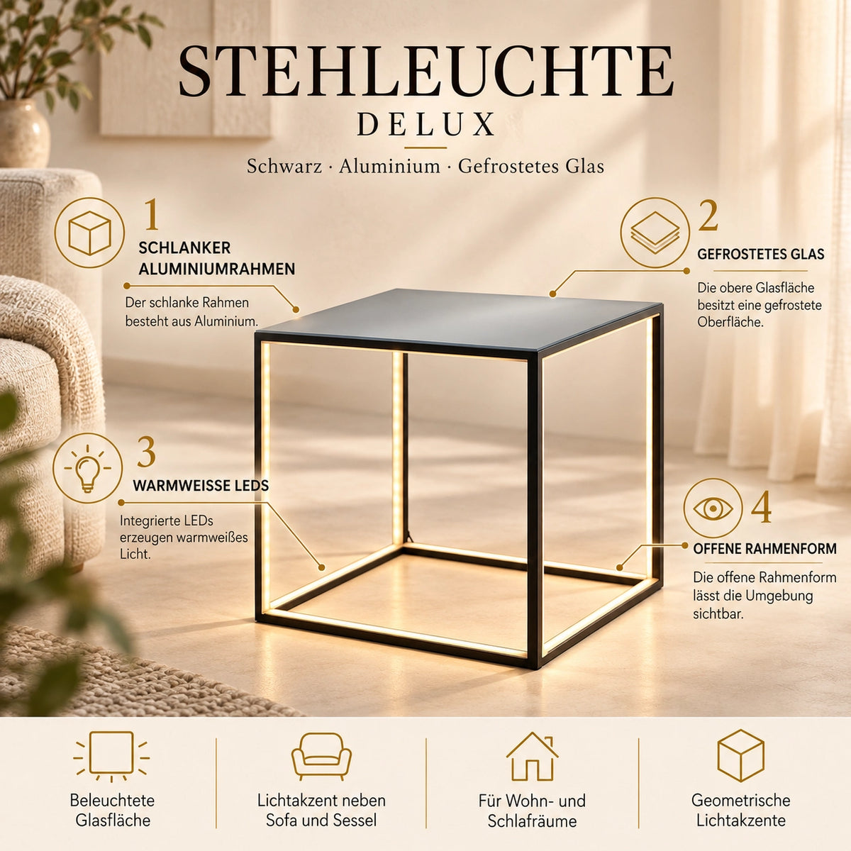 Floor lamp with high-quality metal body, slender design, integrated LED technology – DELUX | Sompex