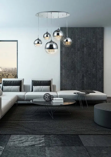 Pendelleuchte – Nickel-Metall, Transparentes Glas, 5 × E27, Höhe 95 cm - Fermi | Maytoni