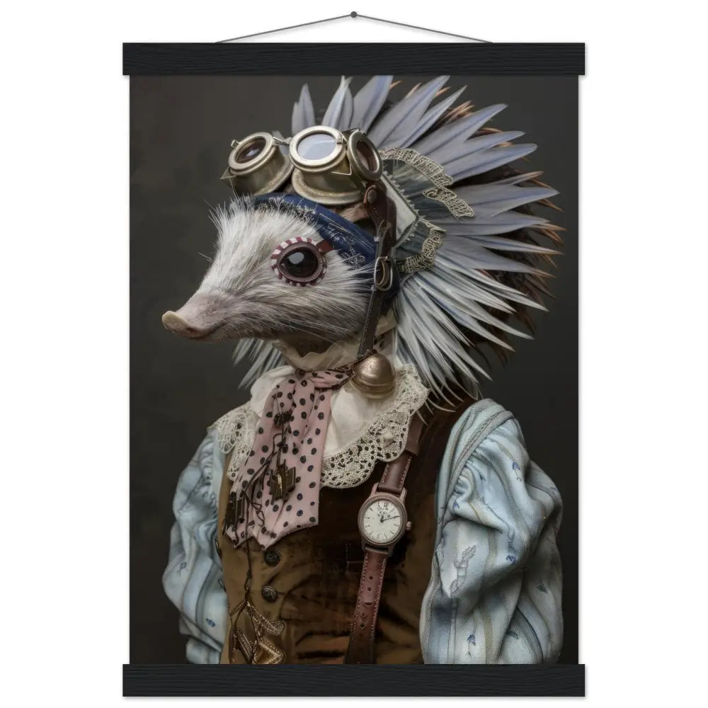 Schoolposter - Stachelschwein-Hund, Samtmantel Braun, blaue Akzente, silberne Taschenuhr | St Tropez Art