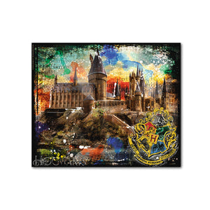 Wandbild – Holzrahmen Design, Leinwand Struktur, Fantasy Kunstwerk - Hogwarts | Gilde