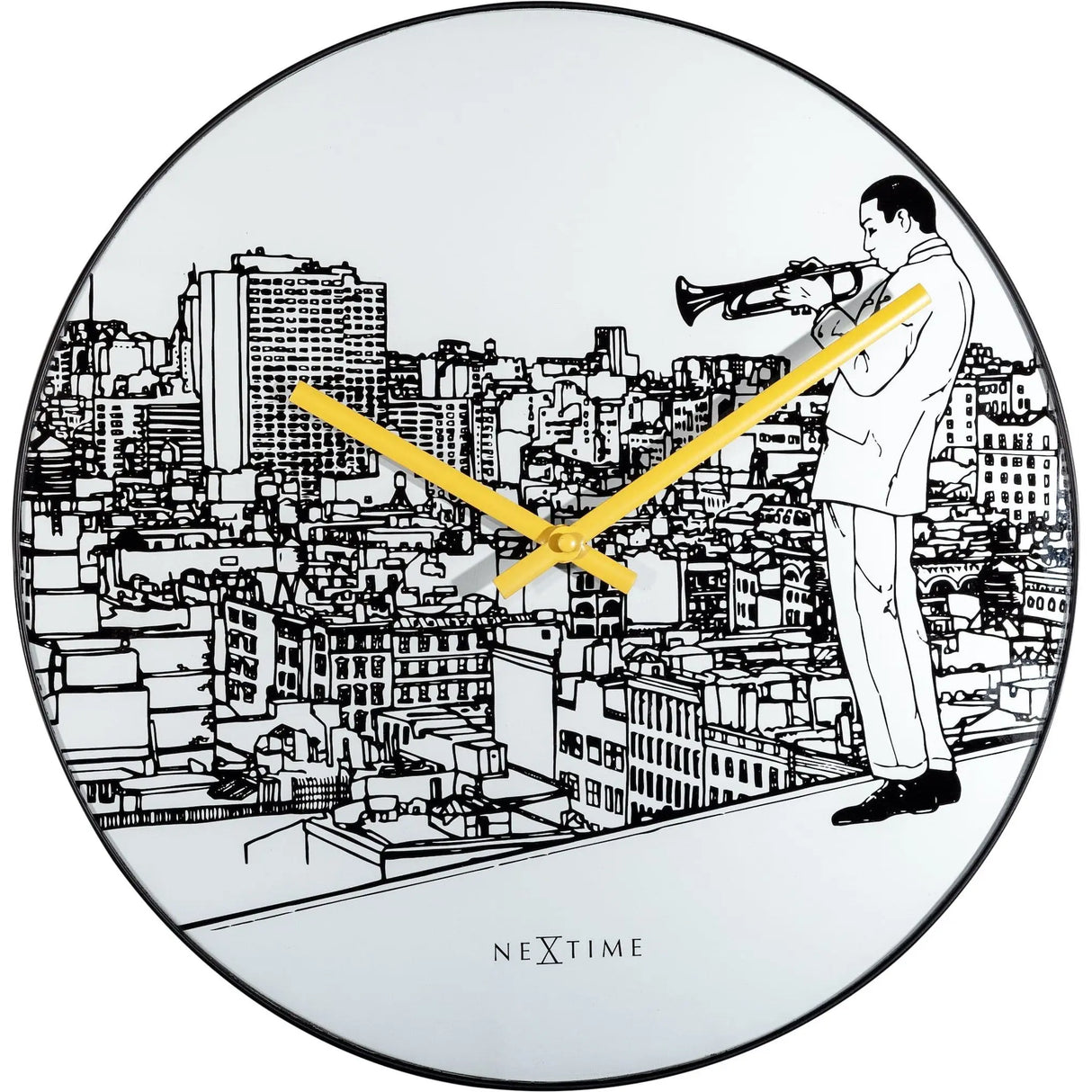 Wanduhr – Lautloses Uhrwerk, Jazzmotiv, Glasdesign - Trumpet City | NeXtime