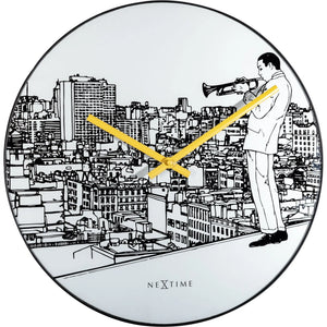 Wanduhr – Lautloses Uhrwerk, Jazzmotiv, Glasdesign - Trumpet City | NeXtime