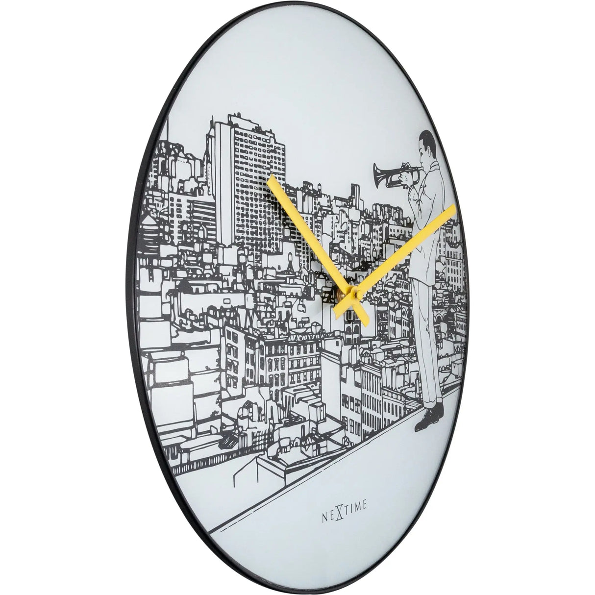 Wanduhr – Lautloses Uhrwerk, Jazzmotiv, Glasdesign - Trumpet City | NeXtime