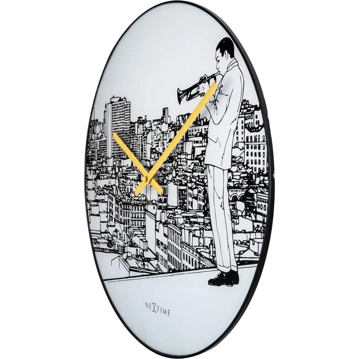 Wanduhr – Lautloses Uhrwerk, Jazzmotiv, Glasdesign - Trumpet City | NeXtime