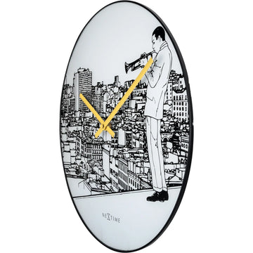 Wanduhr – Lautloses Uhrwerk, Jazzmotiv, Glasdesign - Trumpet City | NeXtime