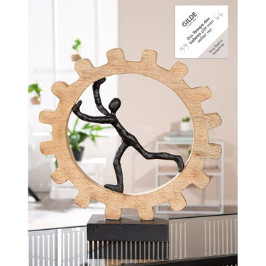 Skulptur – Gebürstetes Aluminium, Natürliches Mangoholz, Markante Zahnradform, 36 cm - Zahnrad | GILDE