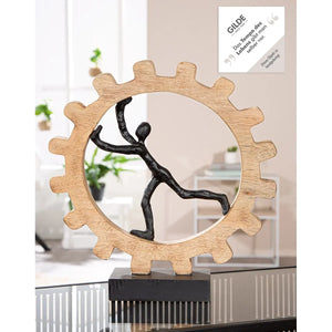 Skulptur – Gebürstetes Aluminium, Natürliches Mangoholz, Markante Zahnradform, 36 cm - Zahnrad | Gilde