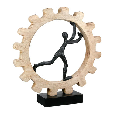 Skulptur – Gebürstetes Aluminium, Natürliches Mangoholz, Markante Zahnradform, 36 cm - Zahnrad | GILDE