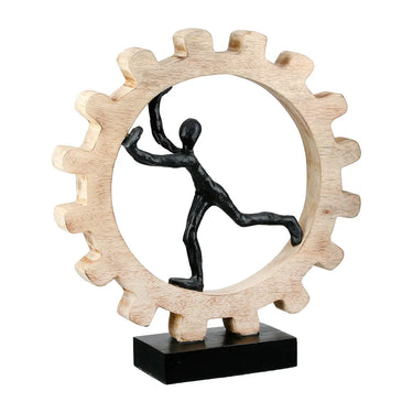 Skulptur – Gebürstetes Aluminium, Natürliches Mangoholz, Markante Zahnradform, 36 cm - Zahnrad | GILDE