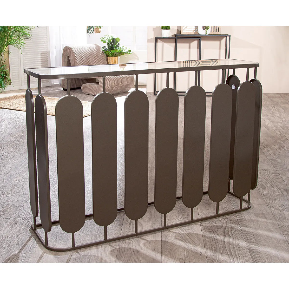 Sideboard – Metallische Optik, Anthrazitfarbenes Metall, Glaseinsatz Platte - Zulu | Gilde