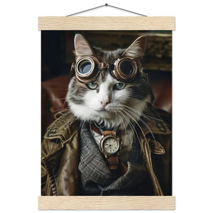 Schulposter - Steampunk-Vintage Manx Katzenmotiv, mattes FSC-Papier, magnetische Holzleisten | St Tropez Art