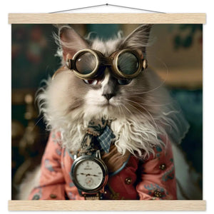 Schulposter - Steampunk-Vintage LaPerm Katzenmotiv, mattes FSC-Papier, magnetische Holzleisten | St Tropez Art