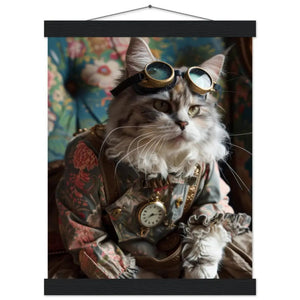 Schulposter - Steampunk-Vintage Minskin Katzenmotiv, mattes FSC-Papier, magnetische Holzleisten | St Tropez Art