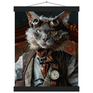 Schulposter - Steampunk-Vintage Lykoi Katzenmotiv, mattes FSC-Papier, magnetische Holzleisten | St Tropez Art