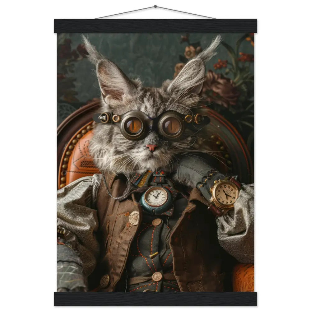 Schulposter - Steampunk-Vintage Lykoi Katzenmotiv, mattes FSC-Papier, magnetische Holzleisten | St Tropez Art