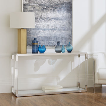 Konsolentisch – Klarglas Tischplatte, Acrylrahmen, Polierter Edelstahl, Weißglas Ablage – Jasper | Modus Furniture International