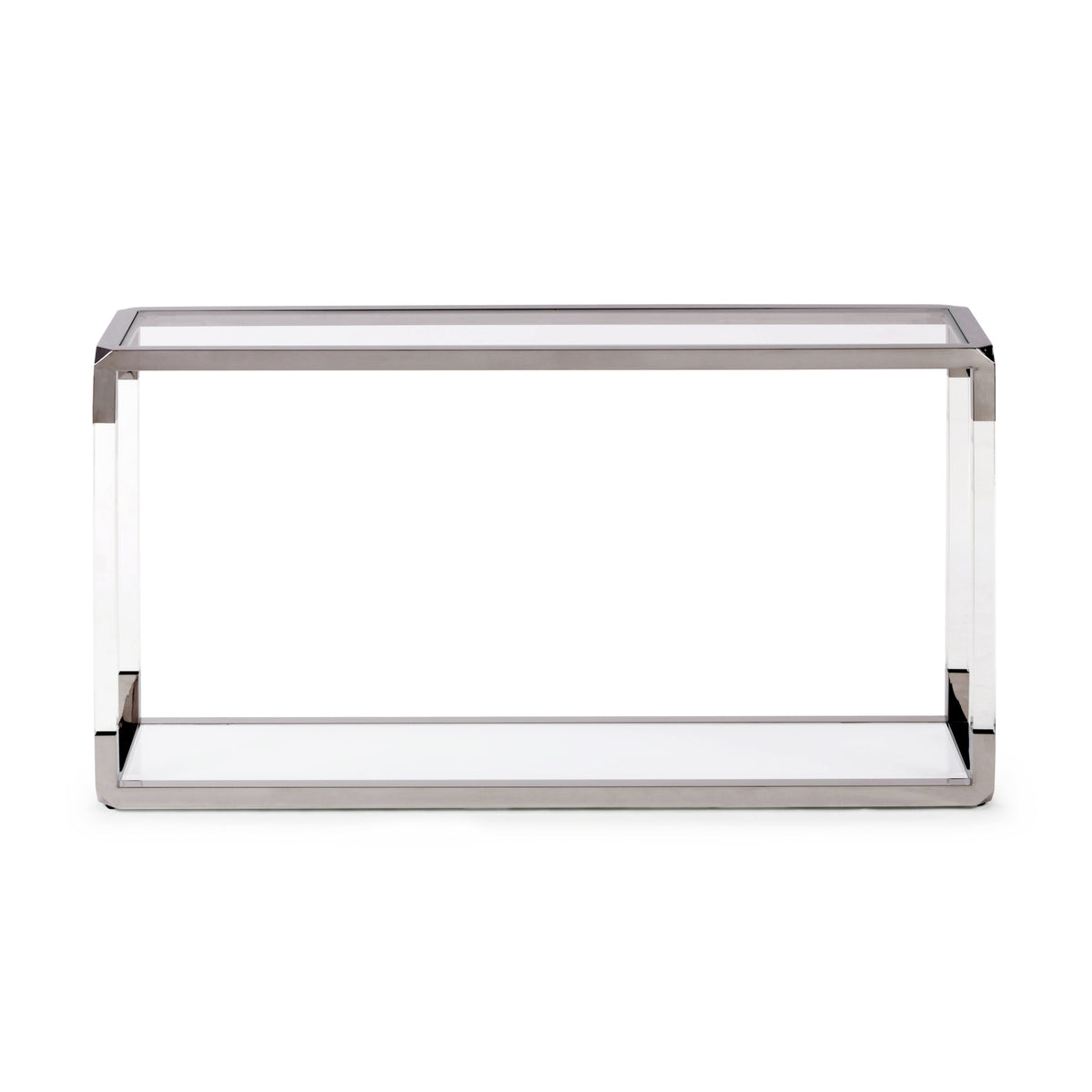 Konsolentisch – Klarglas Tischplatte, Acrylrahmen, Polierter Edelstahl, Weißglas Ablage – Jasper | Modus Furniture International