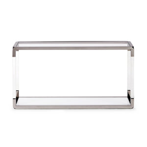 Konsolentisch – Klarglas Tischplatte, Acrylrahmen, Polierter Edelstahl, Weißglas Ablage – Jasper | Modus Furniture International