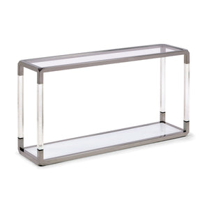 Konsolentisch – Klarglas Tischplatte, Acrylrahmen, Polierter Edelstahl, Weißglas Ablage – Jasper | Modus Furniture International