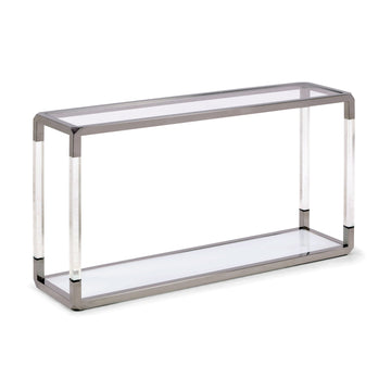 Konsolentisch – Klarglas Tischplatte, Acrylrahmen, Polierter Edelstahl, Weißglas Ablage – Jasper | Modus Furniture International