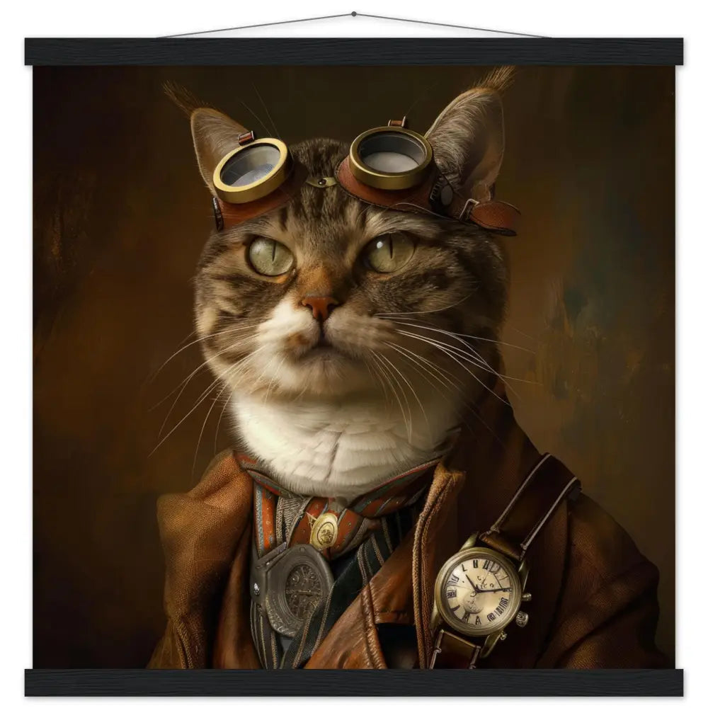 Schoolposter - Azteekische Katze, Steampunk-Outfit, Lederoptik, Magnet-Holzleisten | St Tropez Art