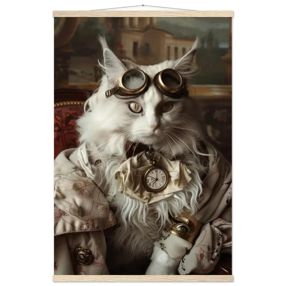 Schulposter Weibliche Türkische Angora, Steampunk-Stil, antike goldfarbene Uhr, bronzefarbene Brille | St Tropez Art