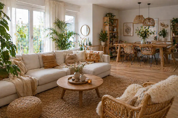Boho Stil im kleinen Wohn-Esszimmer – natürliche Materialien, Pflanzen und Textilien für eine warme und entspannte Atmosphäre