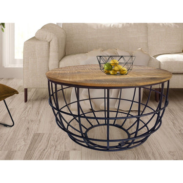 Coffee table made of recycled wood, metal mesh frame, uneven tabletop - Lexington | MVG Voglrieder