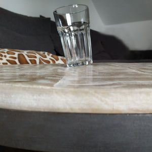 Coffee table made of recycled solid wood, with an irregular surface, with a powder-coated metal frame – Austin | MVG Voglrieder