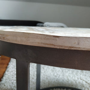 Coffee table made of recycled solid wood, with an irregular surface, with a powder-coated metal frame – Austin | MVG Voglrieder