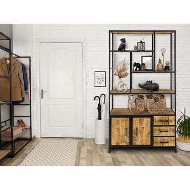 Regal aus recyceltem Mango-Altholz, matt schwarzes Metallgestell, Industrie-Style & Unikat-Optik – Liverpool | MVG Voglrieder