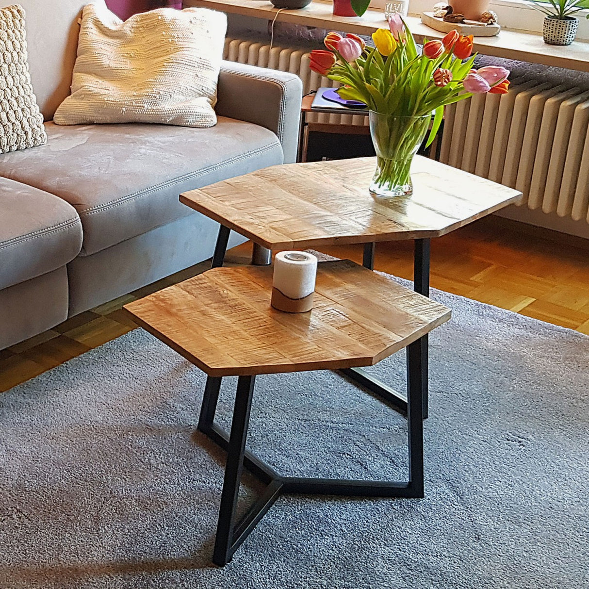 Coffee table set, 2-piece, living room nesting tables Paris, metal frame, black-white or old silver
