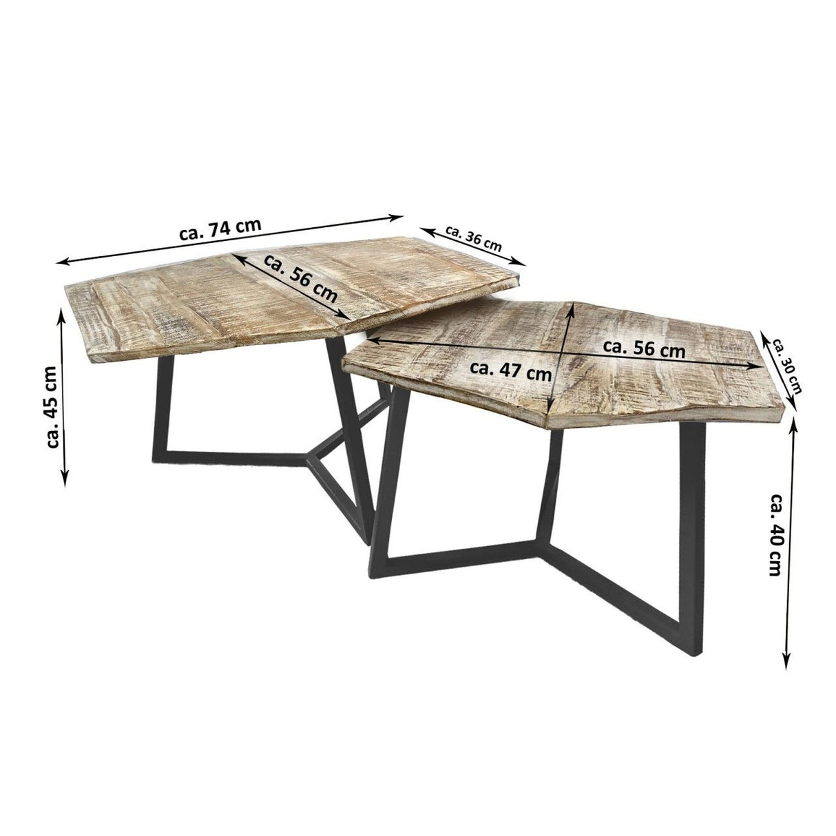 Coffee table set, 2-piece, living room nesting tables Paris, metal frame, black-white or old silver