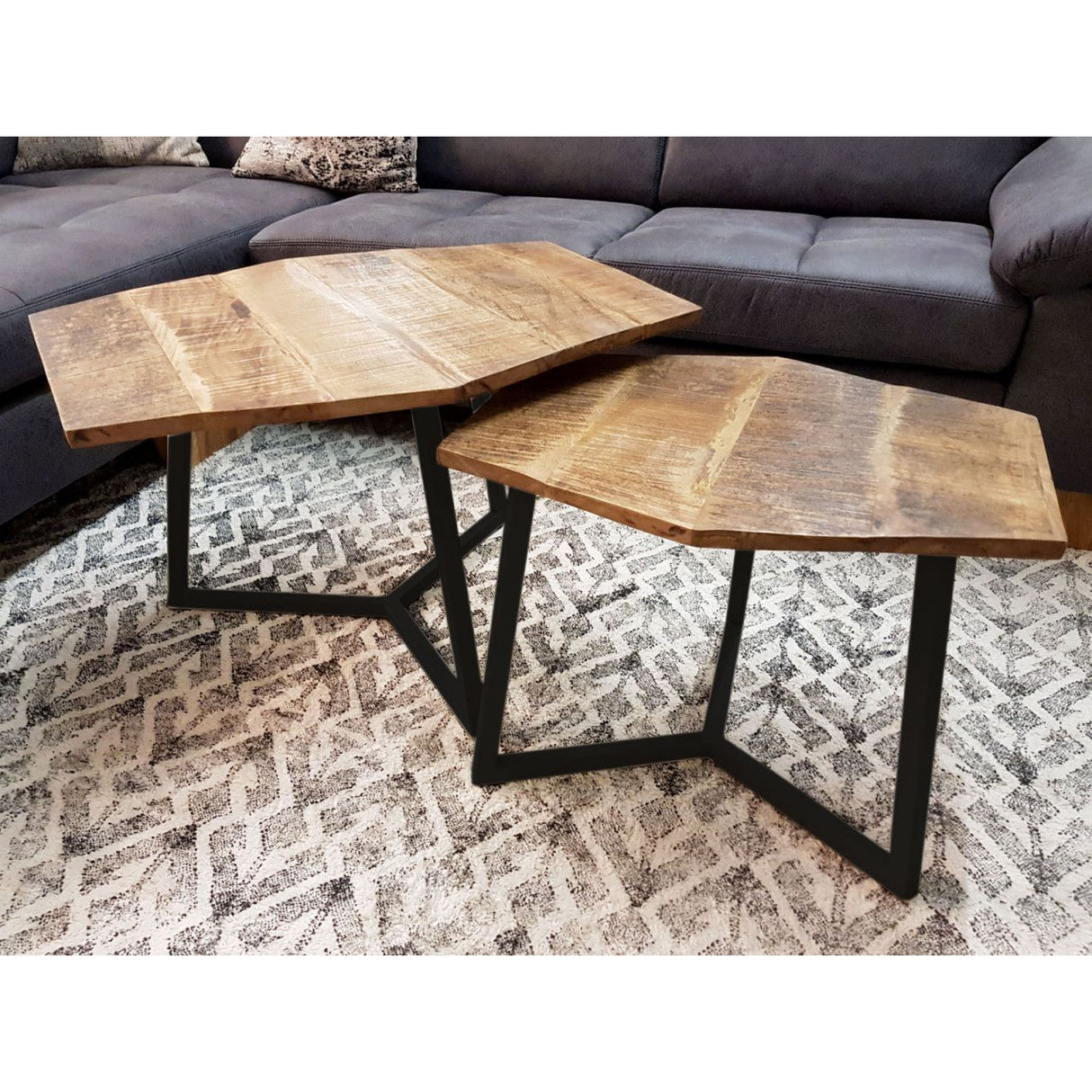 Coffee table set, 2-piece, living room nesting tables Paris, metal frame, black-white or old silver