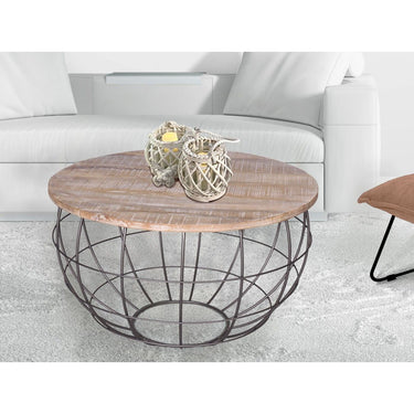 Round coffee table made of recycled reclaimed wood, metal grid frame, uneven tabletop - London | MVG Voglrieder