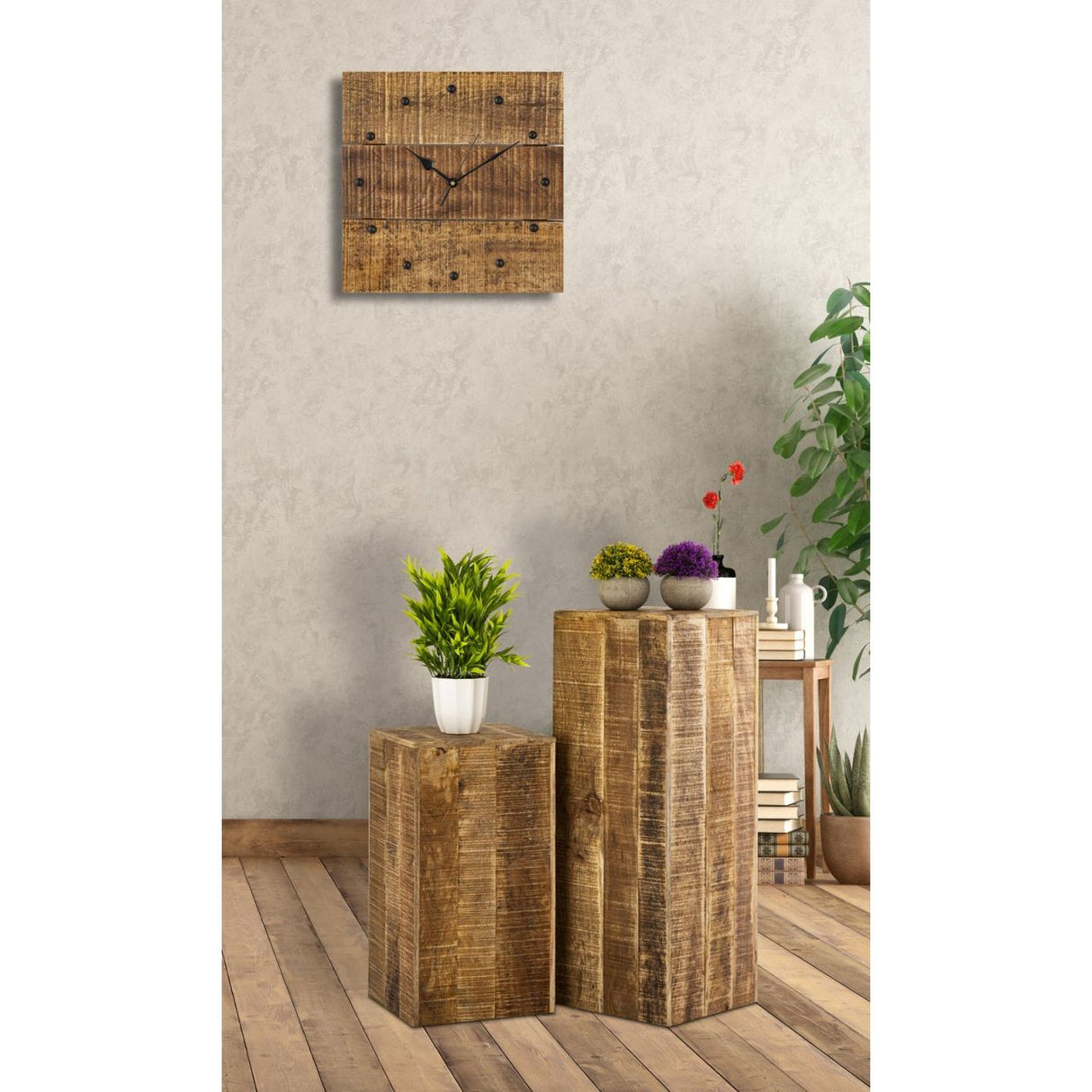 Blumensäule – Mangoholz Material, Massiv Struktur, Natur Maserung, 73 cm Höhe | MVG Voglrieder