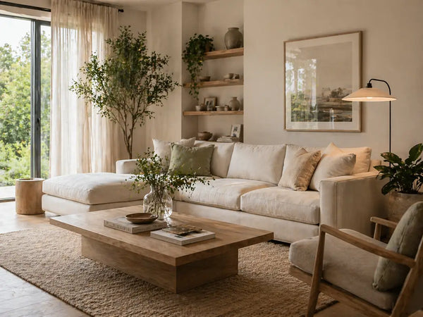 Modern Natural Stil mit Holz und hellen Farben – wohnliche Einrichtung für ein aufgeräumtes, natürliches Raumgefühl im Wohnzimmer