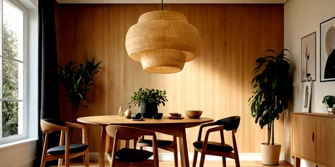 Ovaler Esstisch aus hellem Holz mit schwarzen Polsterstühlen unter großer Rattan-Pendelleuchte vor warmem Holzwandpaneel