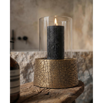 Candle holder - aluminum with brass look, glass cylinder, Croco texture, M - Croco | Bazar Bizar Antwerp
