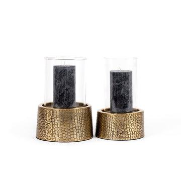 Candle holder - aluminum with brass look, glass cylinder, Croco texture, M - Croco | Bazar Bizar Antwerp