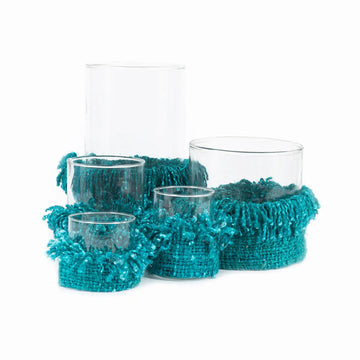 Kerzenhalter – Baumwollmaterial, Glasbehälter Design, Aquafarbe, XL – Oh My Gee | Bazar Bizar Antwerp