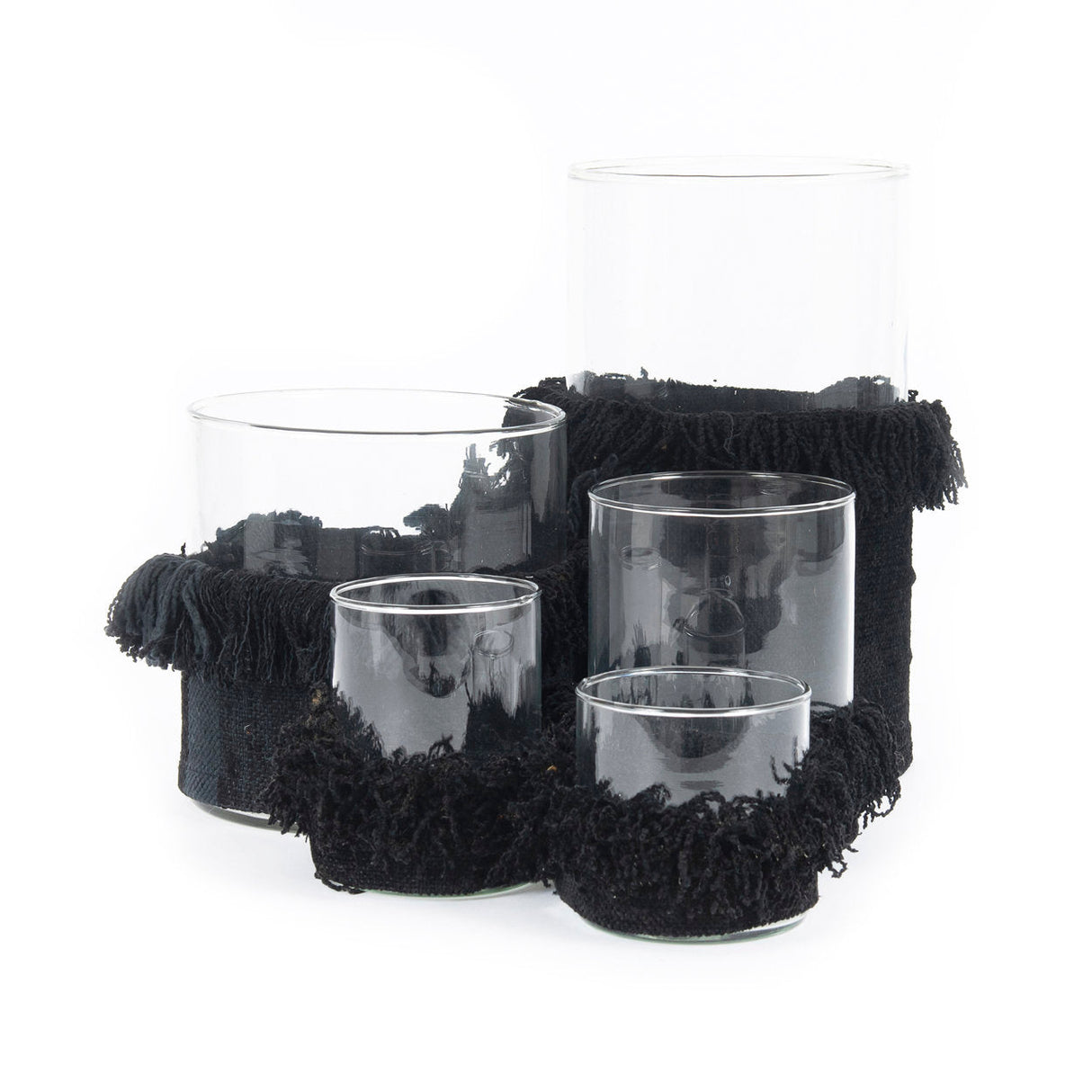 Kerzenhalter – Samtmaterial, Dekorativer Glasbehälter, Schwarze Farbe, XL  – Oh My Gee | Bazar Bizar Antwerp