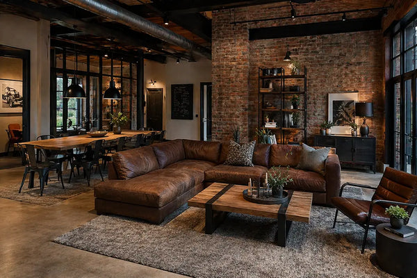 Industrial Stil im Wohn-Esszimmer mit Metallgestell und dunklem Holz – markante Kontraste gezielt eingesetzt für mehr Charakter