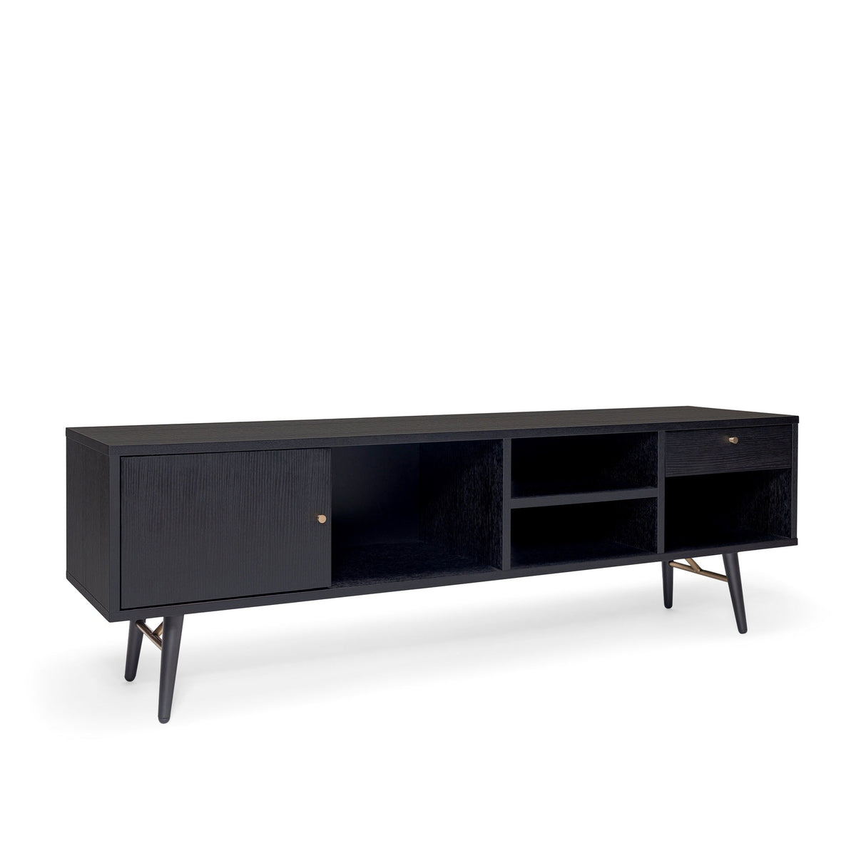 TV-Möbel – Matt Schwarzes Eichenfurnier, Minimalistisches Schrankdesign, Metallbeine mit Messingdetails – Dawn | Njordec
