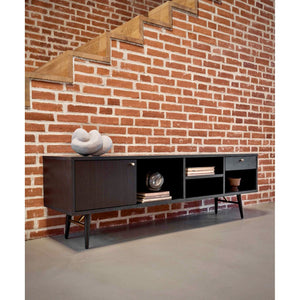 TV-Möbel – Matt Schwarzes Eichenfurnier, Minimalistisches Schrankdesign, Metallbeine mit Messingdetails – Dawn | Njordec