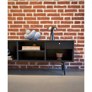 TV Unit – Matte Black Oak Veneer, Minimalist Cabinet Design, Metal Legs with Brass Details – Dawn | Njordec